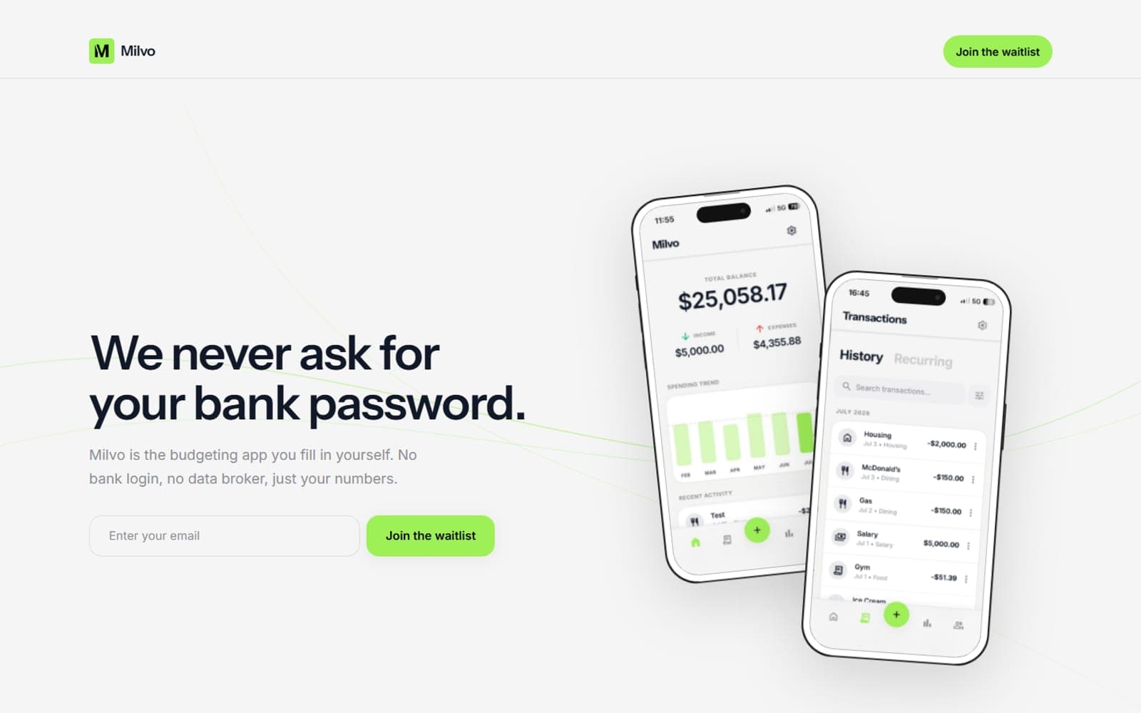 A milvo.app főoldala: két telefonképernyő a közös háztartási pénzügyi alkalmazásról
