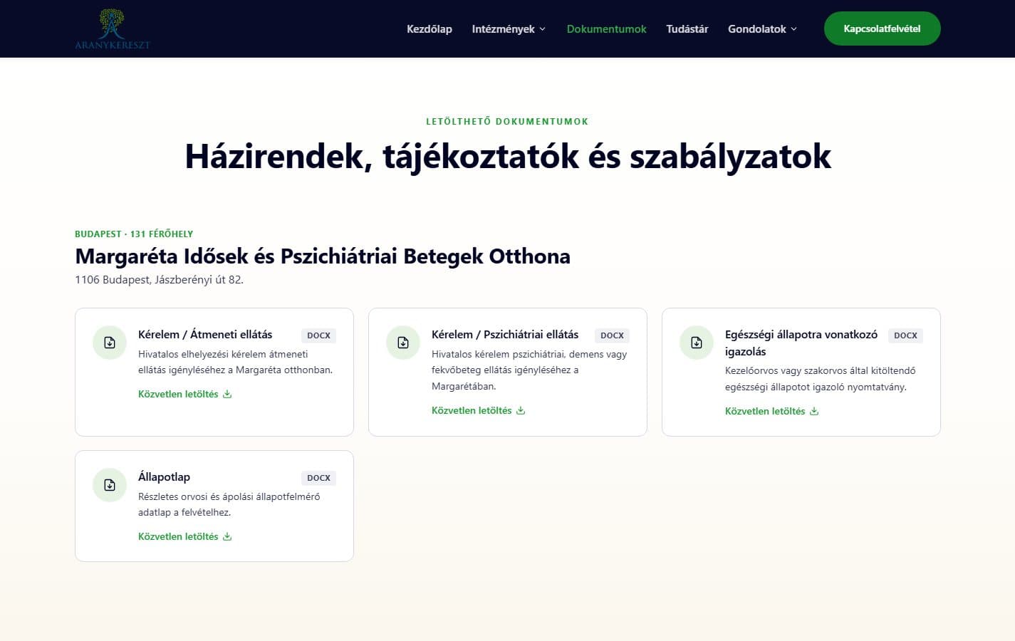 Az Aranykereszt Dokumentumok oldala: intézményenként letölthető kérelmek, igazolások és tájékoztatók