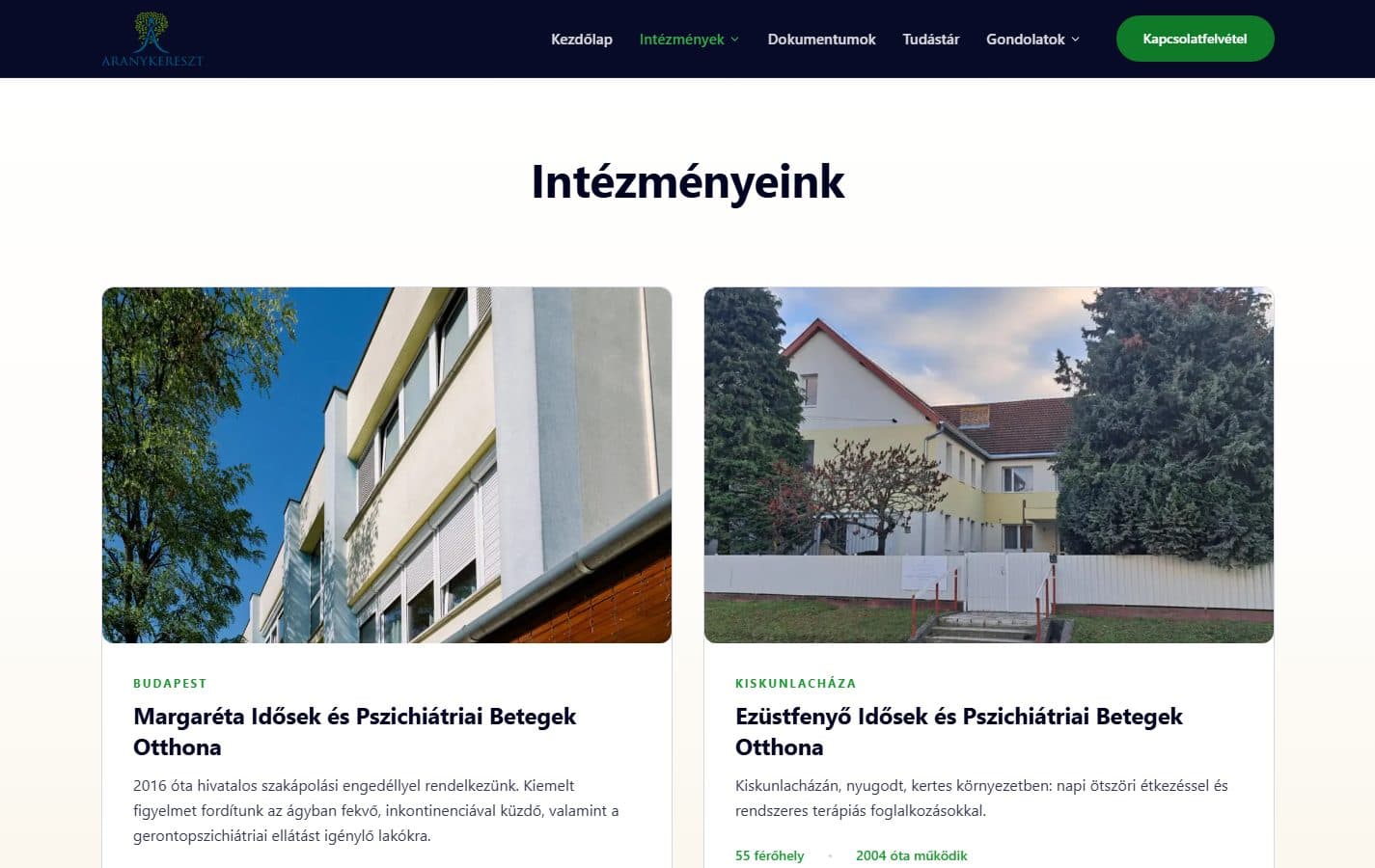 Az Aranykereszt Intézményeink oldala: a Margaréta és az Ezüstfenyő otthon kártyája fotóval, férőhelyszámmal és működési évvel