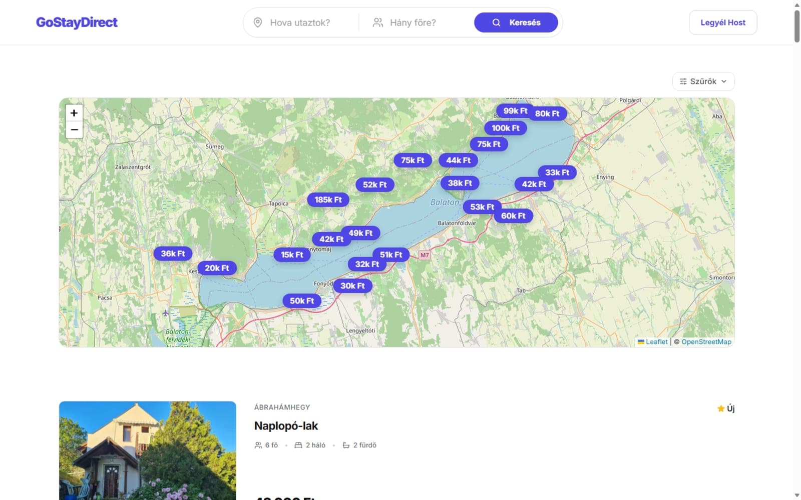 A GoStayDirect térképes keresője árcímkékkel a Balaton körül