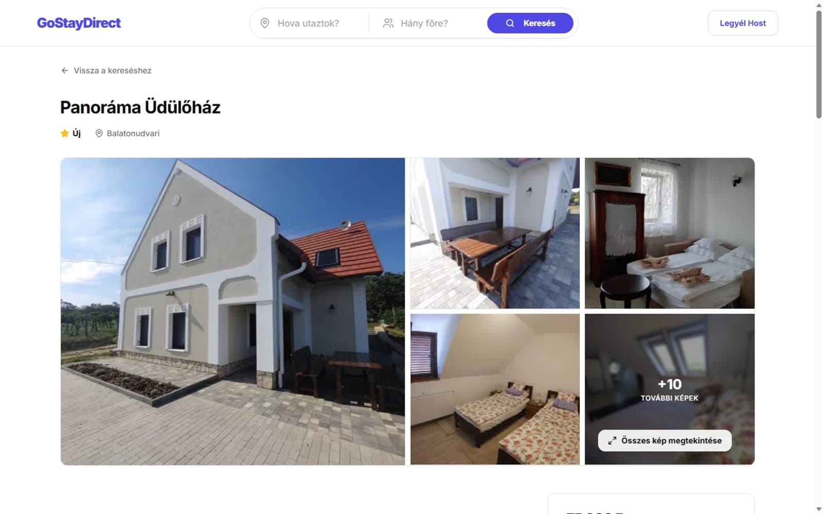 Egy szálláslap a GoStayDirecten: képgaléria, helyszín és a szállás adatai