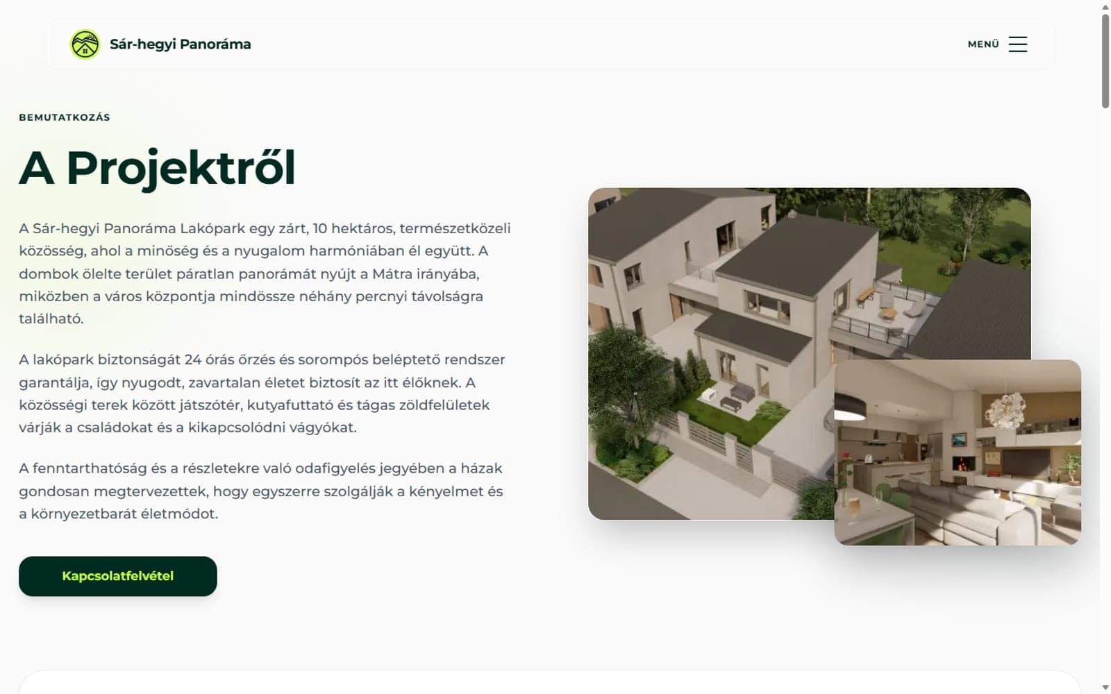 A Sár-hegyi Panoráma Lakópark oldala: a projekt bemutatása látványtervekkel