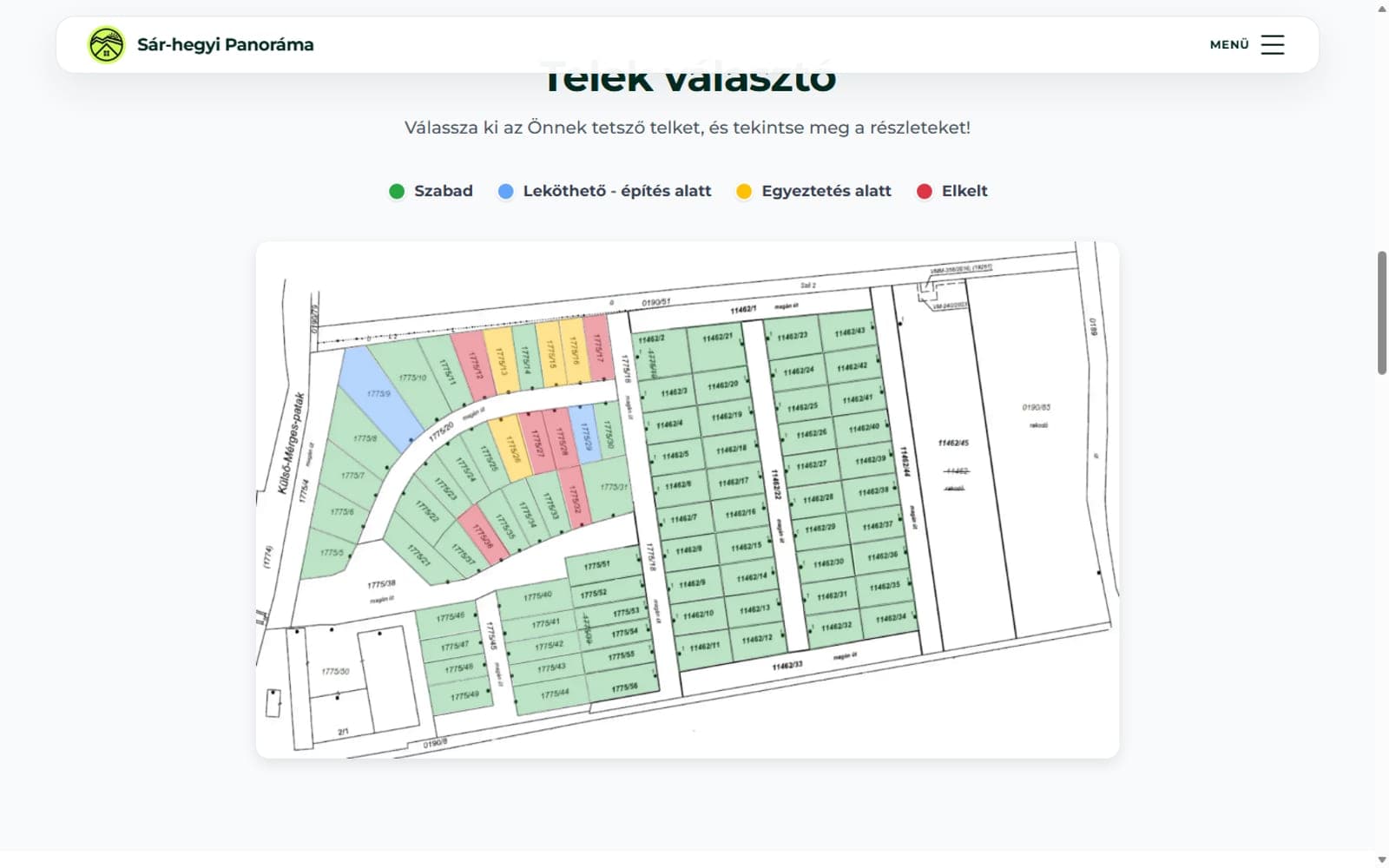 A Sár-hegyi Panoráma interaktív telekválasztó térképe színekkel jelölt státuszokkal