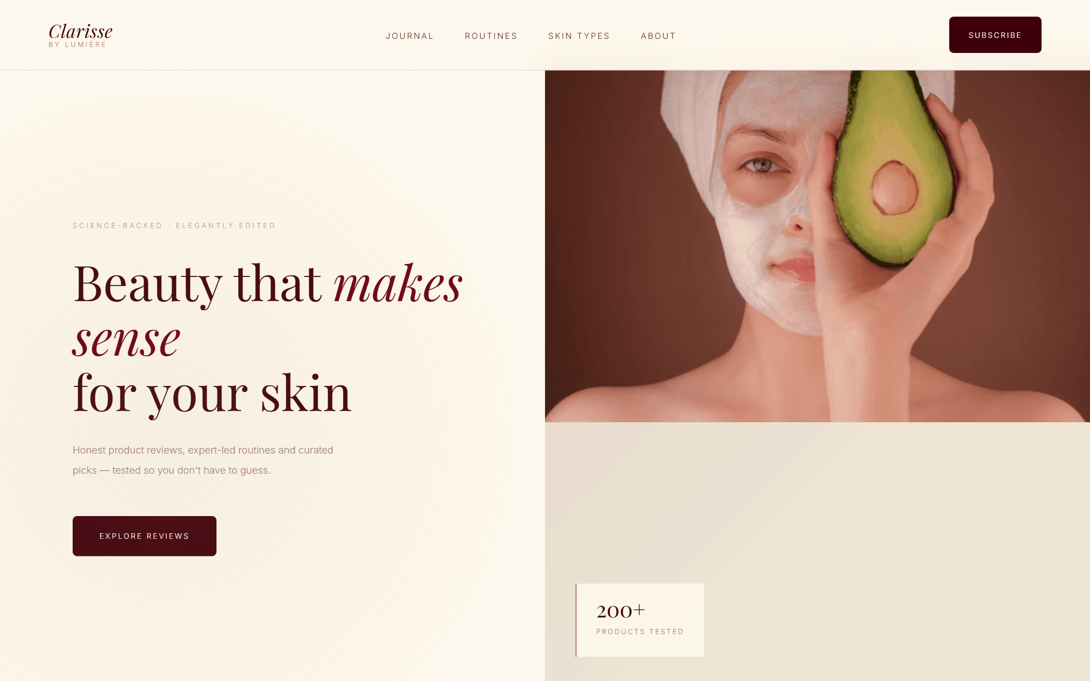 A clarissebylumiere.com főoldala: 'Beauty that makes sense for your skin', bőrápolási tesztek és rutinok