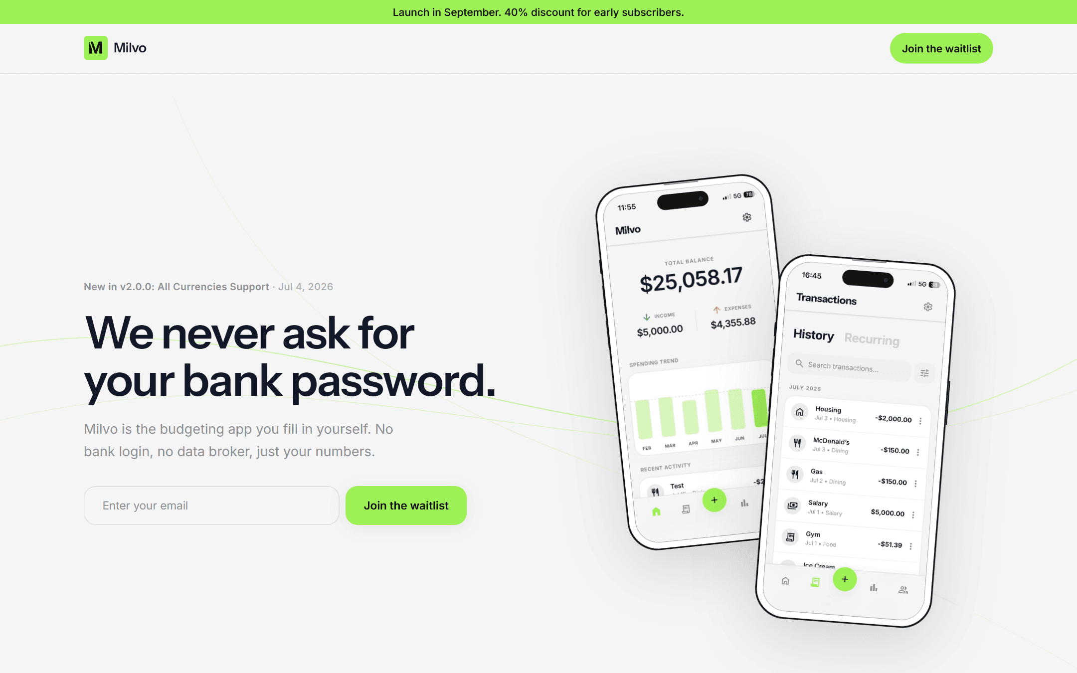 A milvo.app főoldala: közös háztartási pénzügyi tracker, két telefonképernyővel