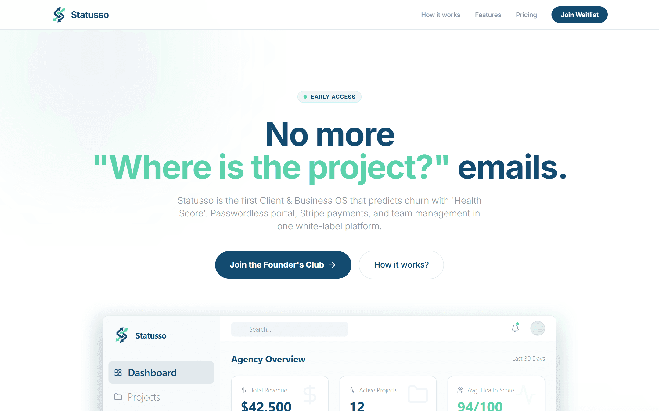 A statusso.com főoldala: 'No more Where is the project? emails', Client & Business OS szabadúszóknak
